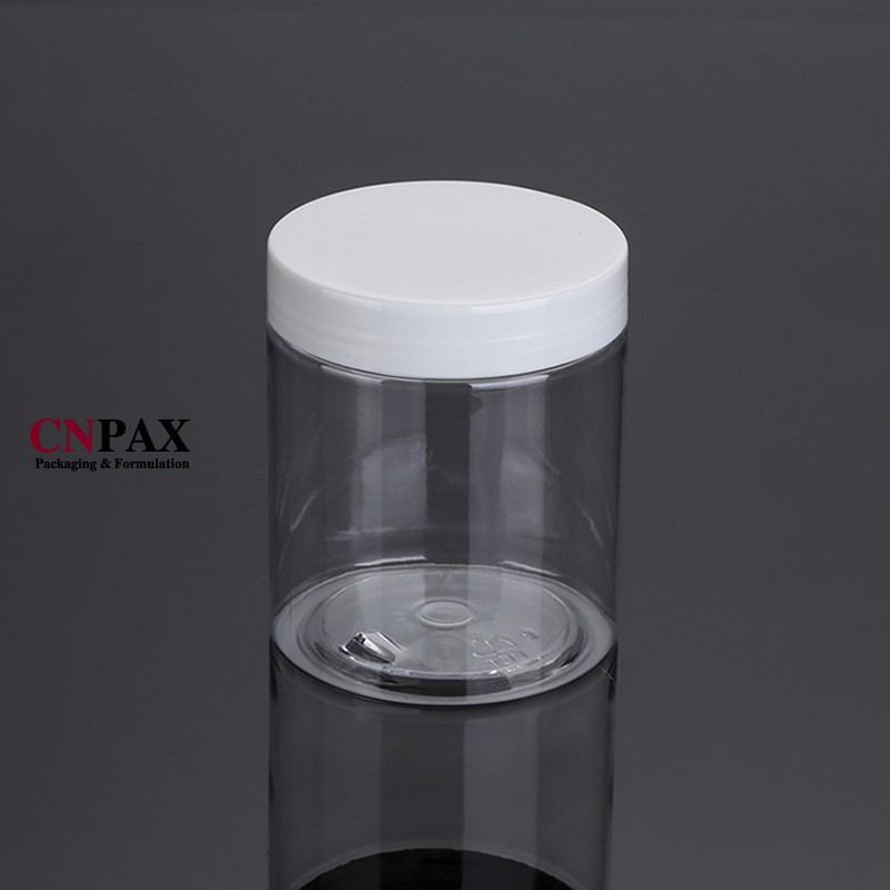 Clear PET plastic jar with white lid
