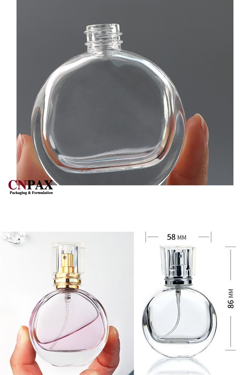 flat round glass perfume bottles