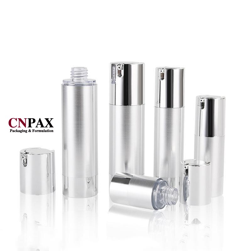 matte silver airless serum bottles