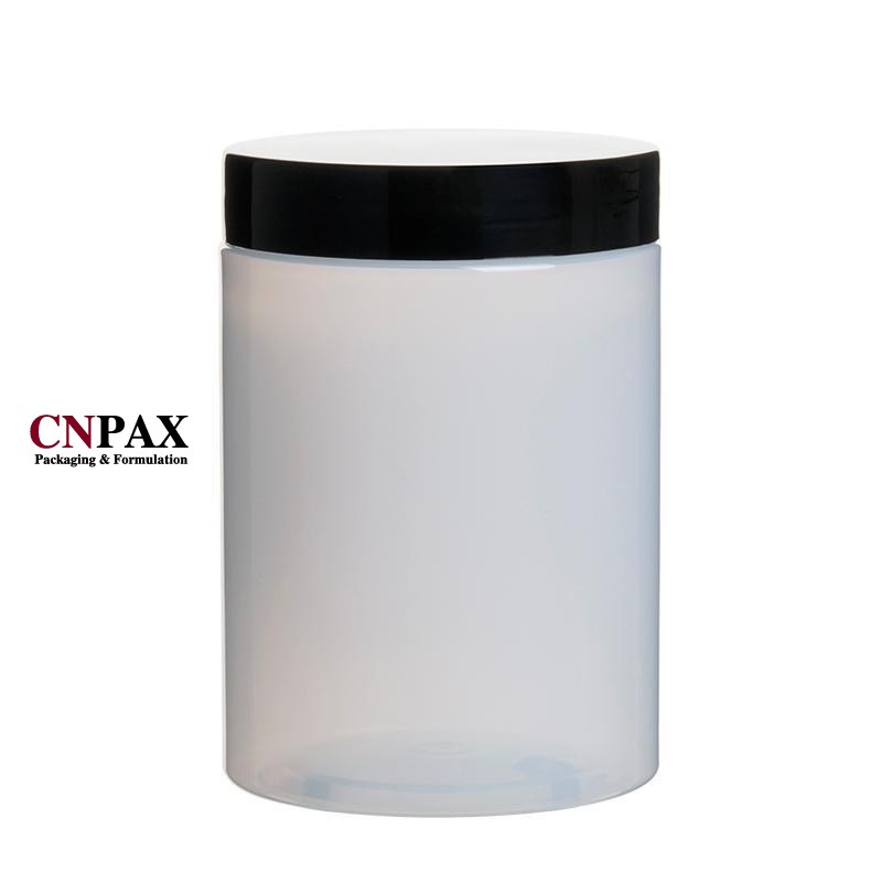 white 10 oz 300 ml plastic jar with black screw cap